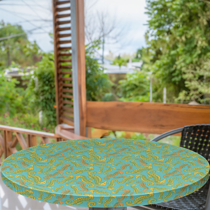 Ambesonne Nautical Fitted Tablecloth Turquoise and Pale Orange, 51.97" Round