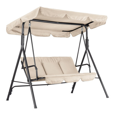 3-Seat Outdoor Patio Swing Chair with Adjustable UV Resistant Canopy, Heavy Duty Steel Frame Swing with Breathable Cushions and Armrests for Garden Backyard Deck Poolside,Khaki