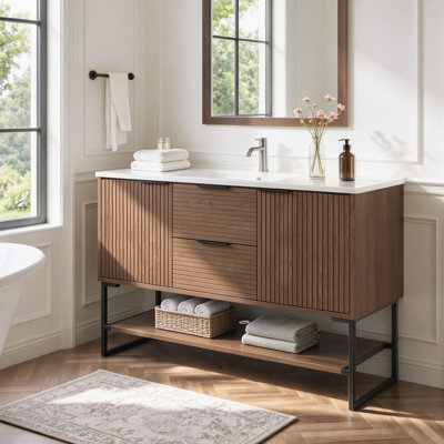 Meuble-lavabo autoportant de 47 po avec plateau en pierre frittée blanche, armoire en bois massif multicouche avec deux tiroirs et deux armoires, tablette ouverte
