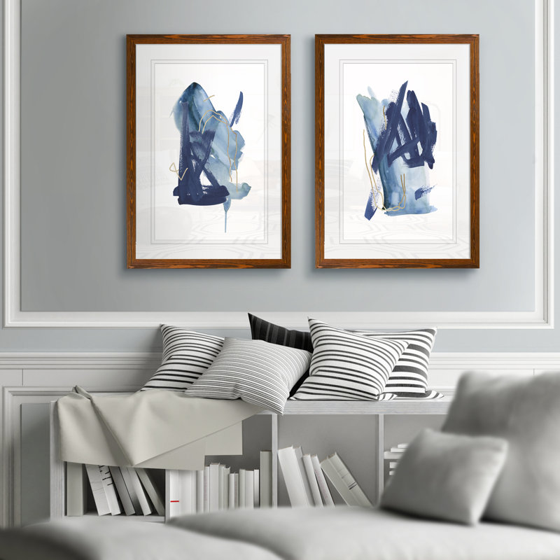 «Indigo Collide I» par Melissa Wang - ensemble de 2 peintures encadrées, H 24 po x l 18 po, Espresso