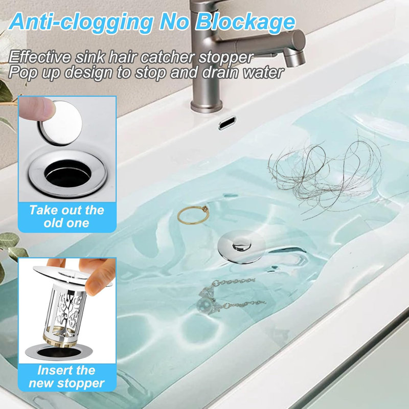 USA Patented 3-in-1 Copper Bathroom Sink Stopper – Double Filter Hair Catcher for 1.06"-1.6" Drains