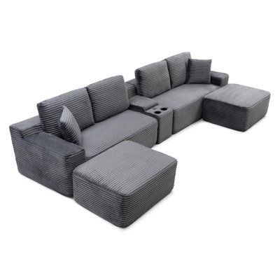 150'' Oversized Sectional Sofa, Cloud Couch with Deep Seat,L-Shape Sofa with Cup Holders and USB Ports ,Upholstered Corduroy Couches