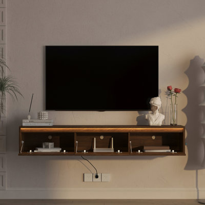 Étagère de salon flottante pour téléviseur avec finition brillante, éclairage à DEL et bloc d'alimentation - armoire 3 standards, 2 ports, lumières de fonction de rangement, prise de courant