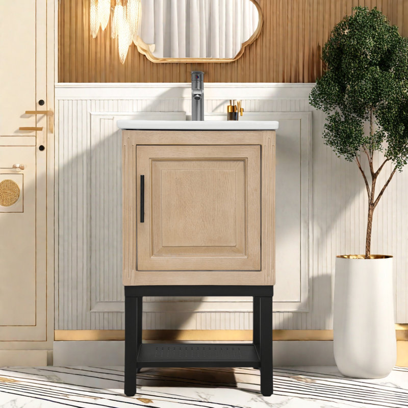 Petit meuble-lavabo de 20 po avec lavabo et robinet d'eau chaude et froide, armoire de salle de bain autoportante avec lavabo en céramique, rangement pour salle de bain avec 1 porte et tablette ouverte en fer