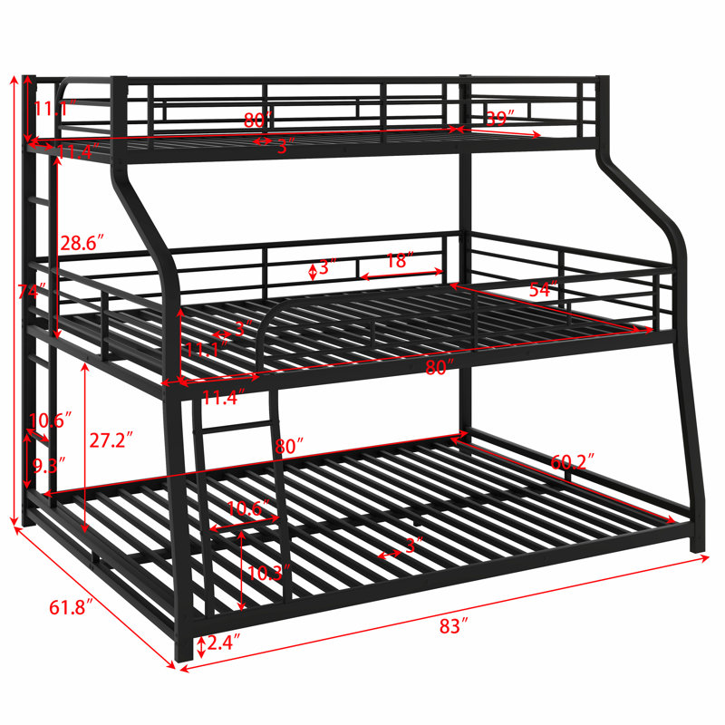 Triple Bunk Bed With Long And Short Ladder And Full-Length Guardrails