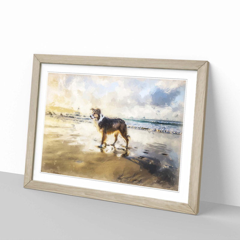 Border Collie Dog at the Beach in Abstract - Framed Print, 27cm H x 36cm W x 2cm D, Oak Framed