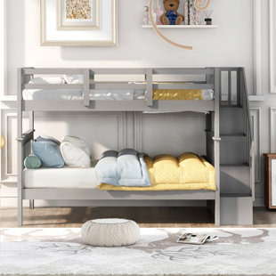 Full Over Full Stairway Bunk Bed with Storage & Guard Rails, Space-Saving Bed Frame, Gray