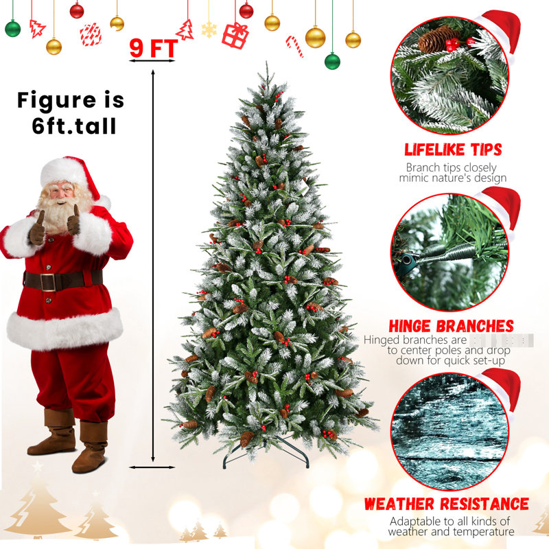 Arbre de Noël de 8 pi, 2850 pointes, baies rouges, pin, branches enneigées, structure à charnières, cadre en métal recouvert, équilibre