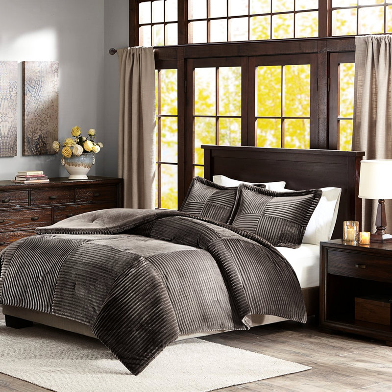 Édredon double / grand avec une alternative en duvet, texture et design côtelés, revers uni pour des nuits relaxantes, 1 2 taies décoratives, lavable à la machine, style visage gris brun, chaleur,