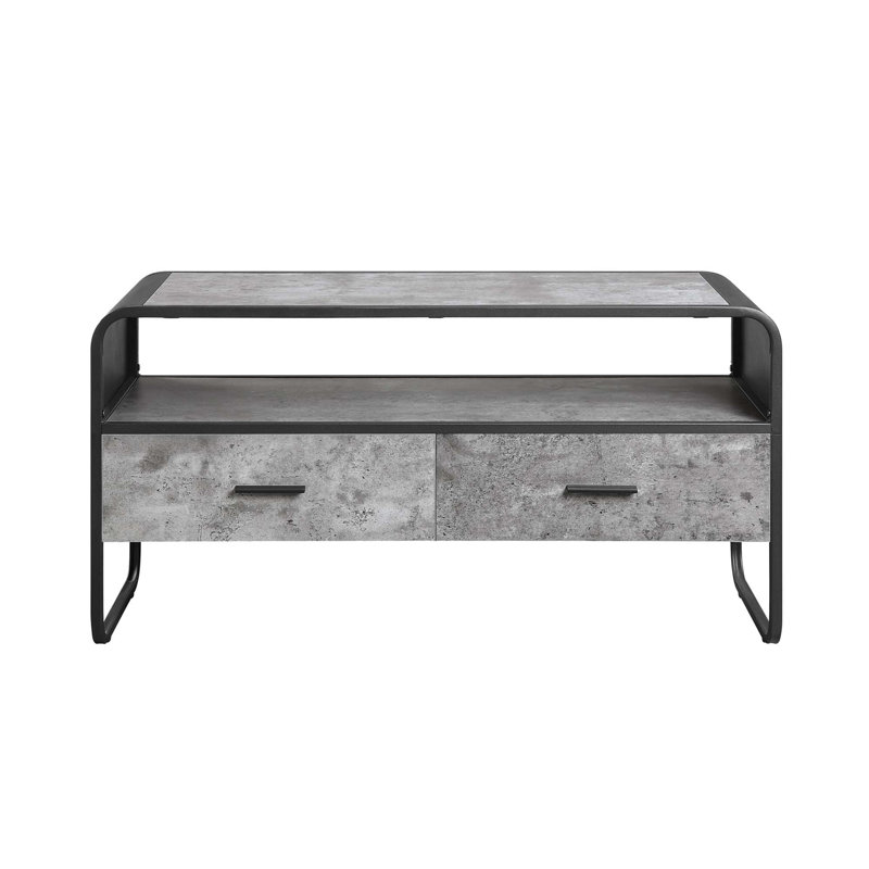 Meuble télé à structure métallique avec 2 tiroirs de rangement, gris béton et noir