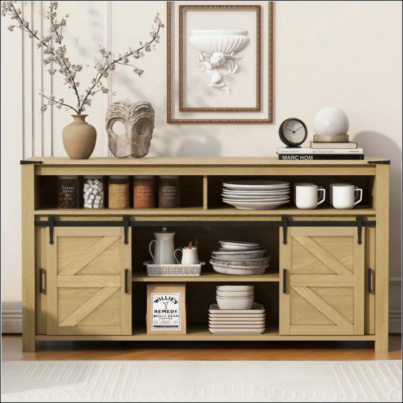 Sideboard With Sliding Barn Door And Mesh Panels,Farmhouse Buffet With Open Storage,Suitable For Living Room, Hallway, Balcony,Kitchen, Office