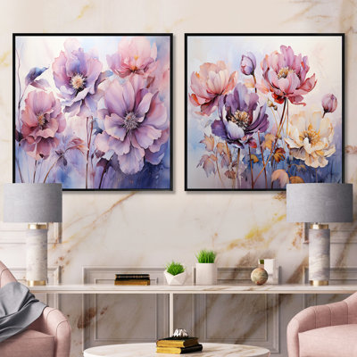 Pink Whimsical Wildflowers - Abstract Botanicals Square Collage Set Of 2