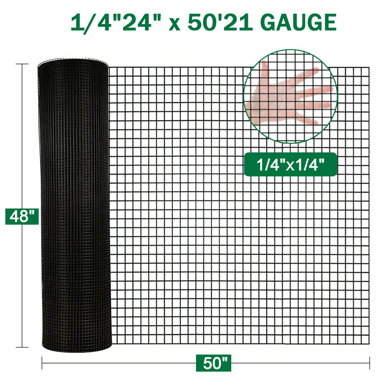 Grillage métallique soudé, revêtu de vinyle noir, 24 po × 50 pi, calibre 21, 1/4 po