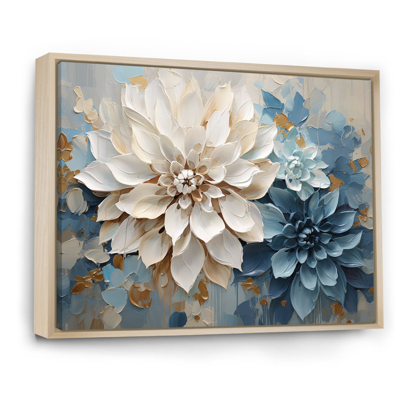 Dahlia blanc et bleu minimaliste, Cadre naturel flottant, H 16 po x l 32 po x P 1 po