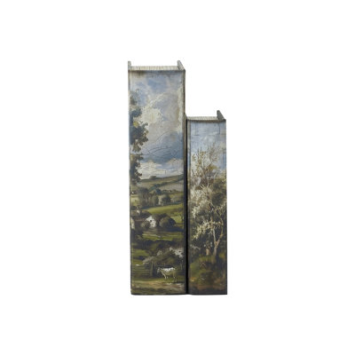 Ensemble de 2 boîtes à livres décoratives avec motifs de paysage de campagne en toile multicolore et panneau de fibres à densité moyenne