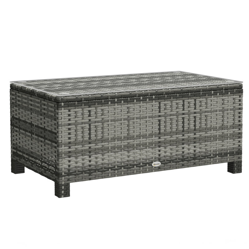 Rattan Coffee Table with Tempered Glass Top Garden Patio, Grey