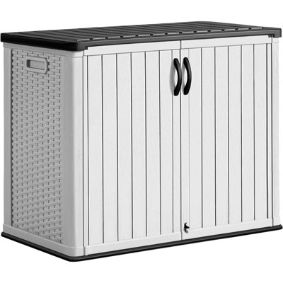 Remise de rangement horizontale pour l'extérieur Grande boîte de rangement en résine de 27 pieds cubes résistante aux intempéries, sans tablette, facile à assembler, parfaite pour le jardin, les patios, les cours arrière, blanc
