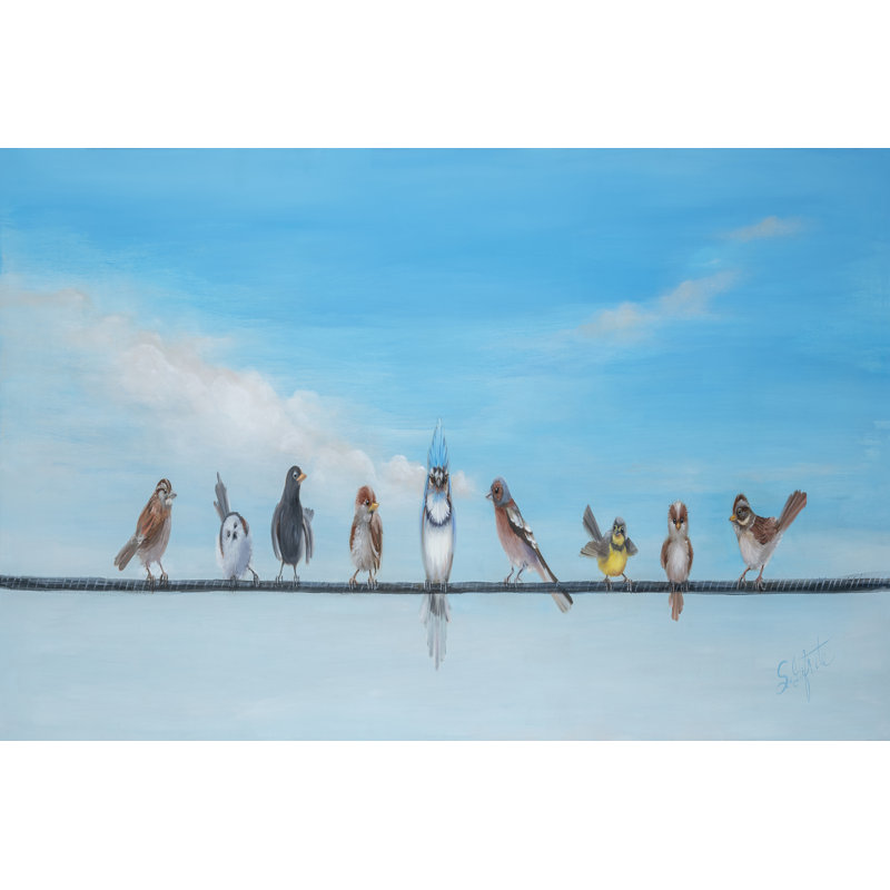 Sweet Birds on a Wire II - Painting, Black Floater Framed, 30cm H x 46cm W