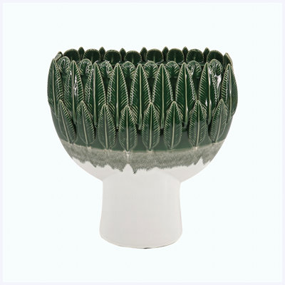 Vase décoratif en céramique à bordure de feuilles vertes tropicales, 33,5 cm de hauteur.