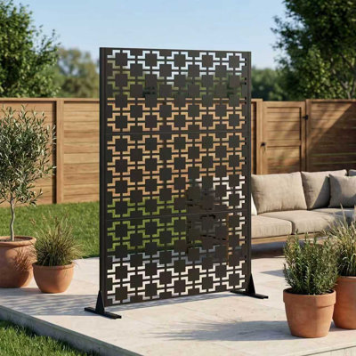 72" H x 46" W Decorative Metal Privacy Screen, Freestanding Outdoor Divider with Wind Resistance & Stable Base, Portable Decorative Metal Fence Panel for Patio, Deck, Balcony & Backyard
