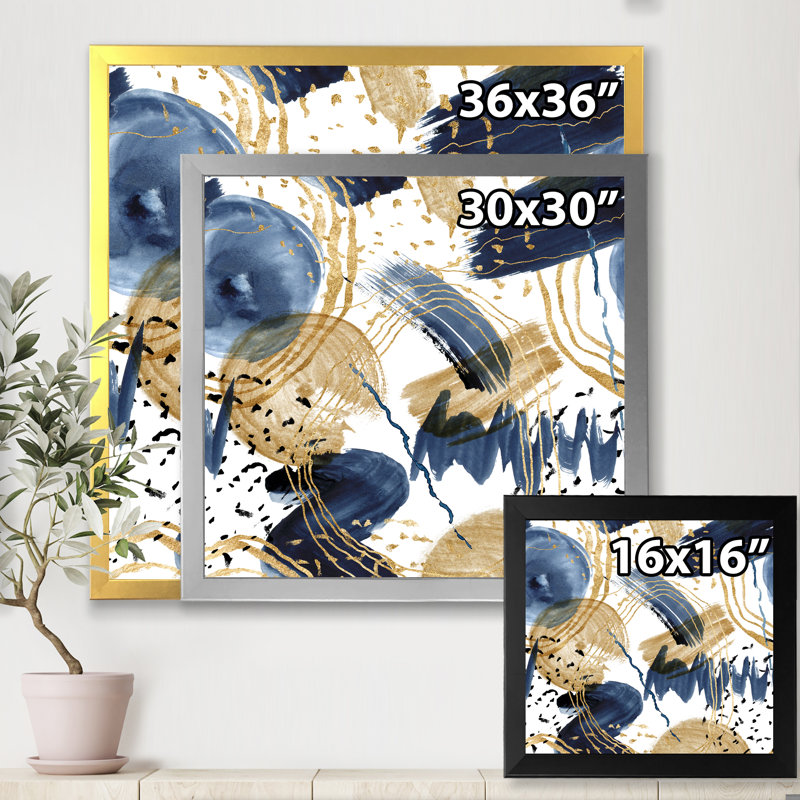 Motif abstrait avec textures bleu foncé et or - peinture sur toile à cadre flottant, Toile avec cadre argenté