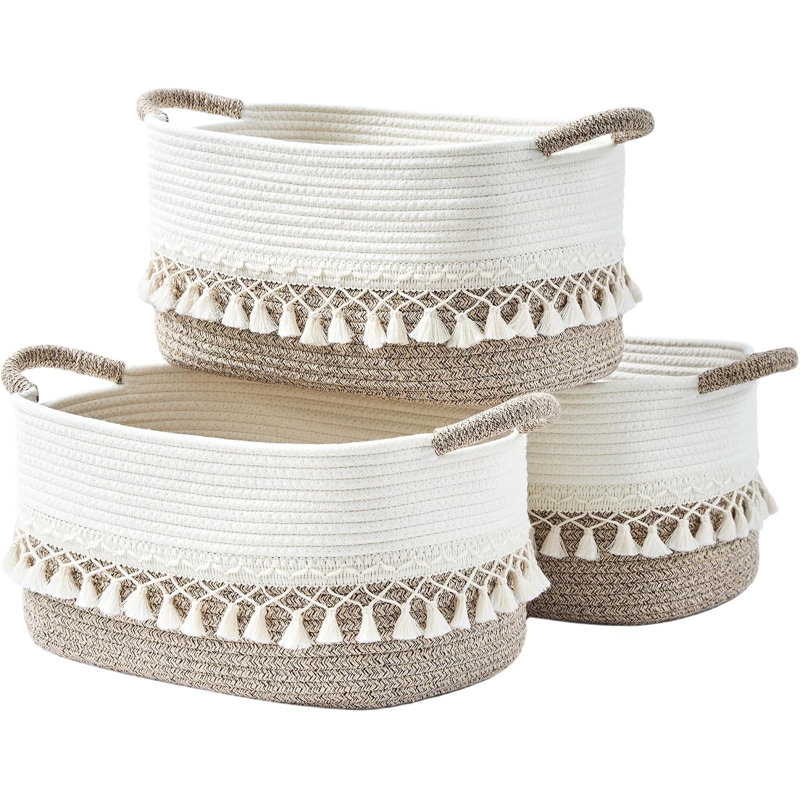 3-Piece Boho Cotton Rope Woven White/Beige Storage Baskets