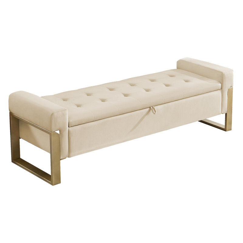 Upholstered Flip Top Storage Benches With Metal Feet, Beige