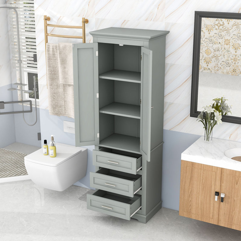 Armoire de salle de bain haute en bois avec tablette réglable, tiroirs de rangement et conception anti-basculement, Gris