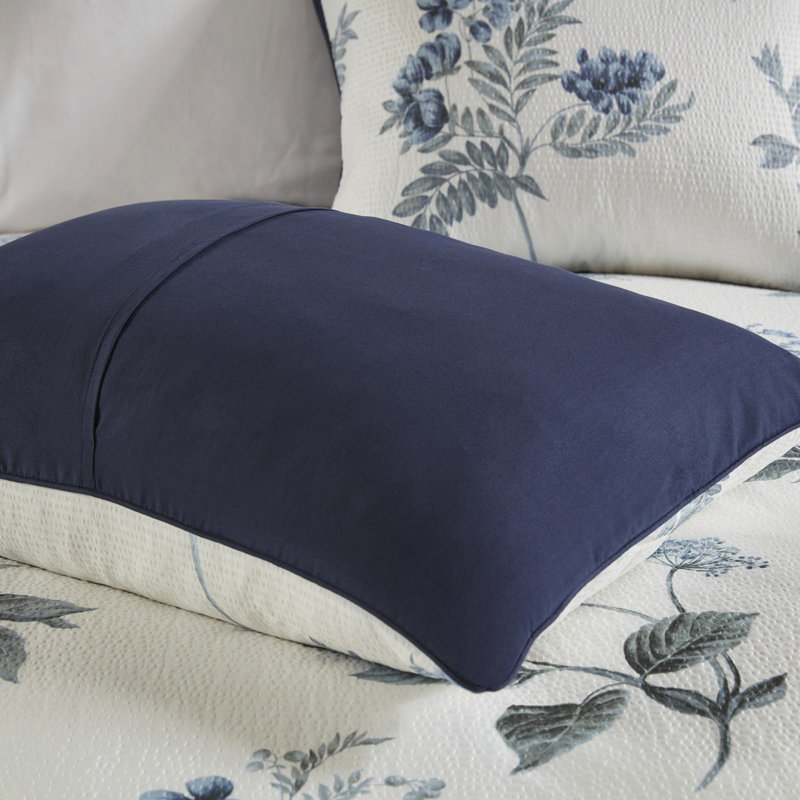 Édredon 7 pièces en jeté de coton avec imprimé floral bleu, Édredon double + 6 pièces supplémentaires