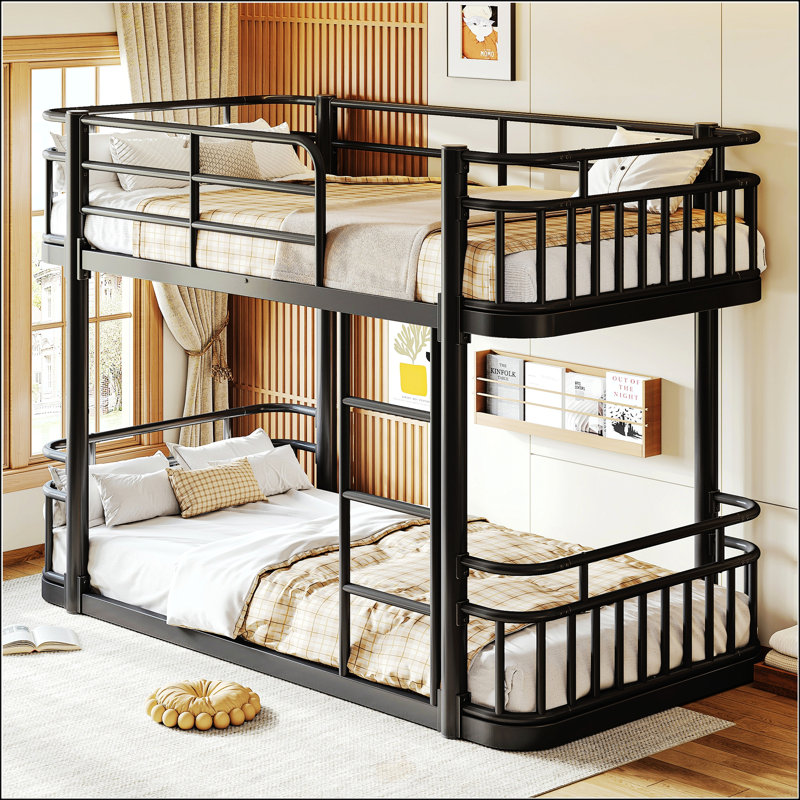 Twin over Twin Bunk Bed with Ladders & Guardrails, Upgraded Round-Pipe Metal Frame, Stylish & Versatile for Any Room,Black
