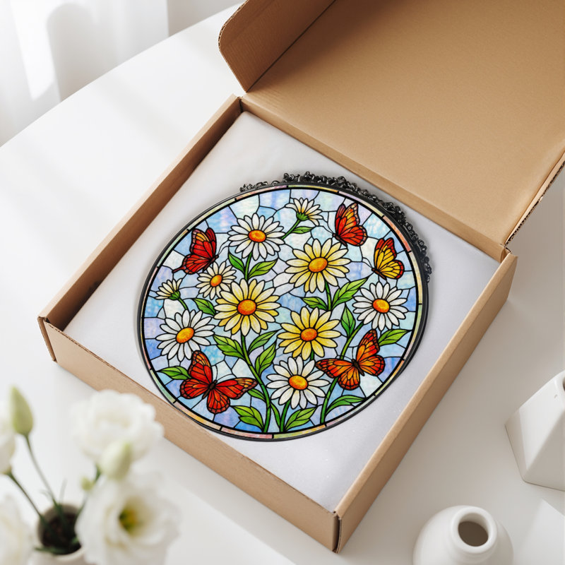 7.8"H Daisy Butterfly Stained Glass Window Panel, 7.8" H x 7.8" W
