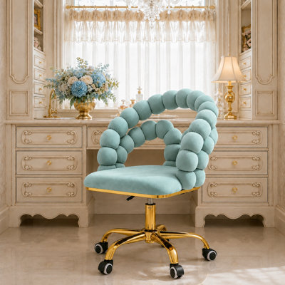 Chaise de coiffeuse moderne en velours avec roulettes, chaise de maquillage pivotante et réglable avec dossier à bulles et base en métal doré