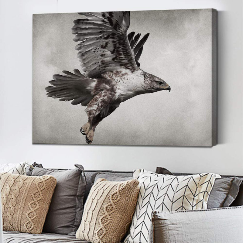 Bird Hawk in Sky Portrait sur fond graphite, animaux sauvages, reproduction sur toile tendue, H 16 po x l 24 po x P 1,5 po