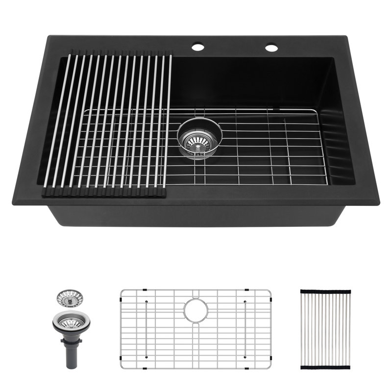 Évier de cuisine en quartz - Évier de cuisine en composite de granite noir 33 po x 22 po x 9,65 po