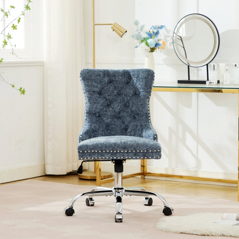 Chaise de bureau, chaise de bureau rembourrée capitonnée avec base en métal, Bleu clair, Bleu clair