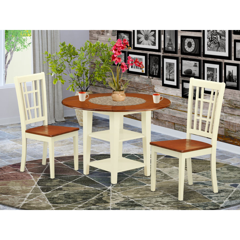 3 Piece Kitchen Table Set for Small Spaces Contains a Round Dining Room Table with Dropleaf & Shelves and 2 Dining Chairs, Buttermilk & Cherry