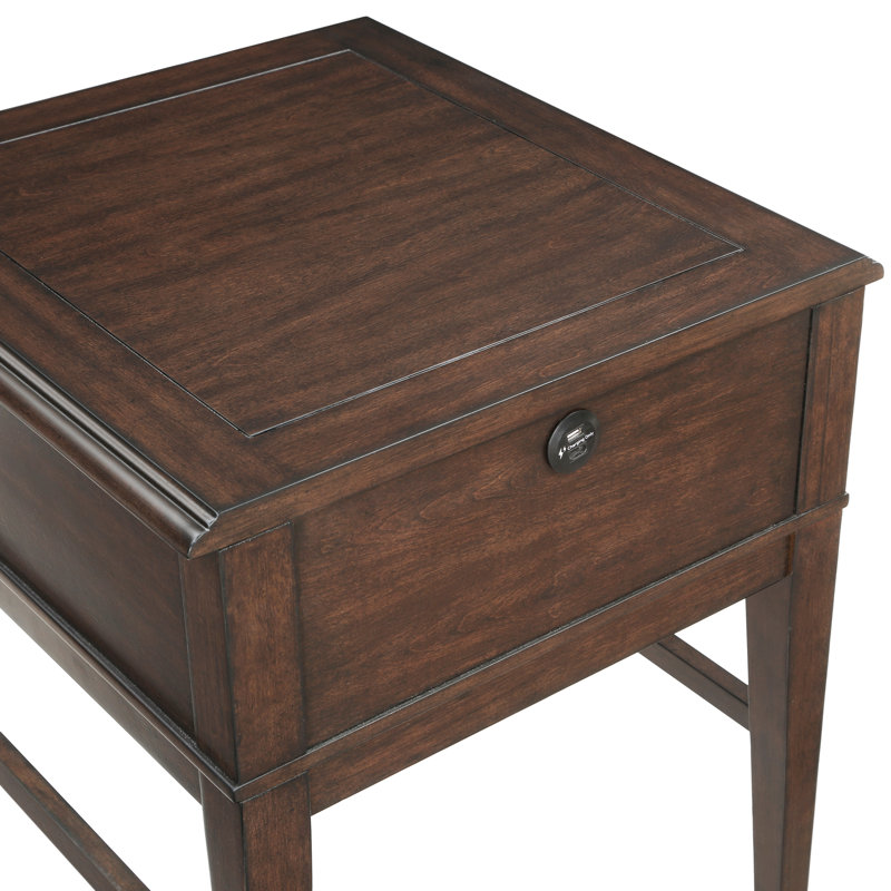Table de bout classique avec tiroirs avec port de chargement USB et finition brune