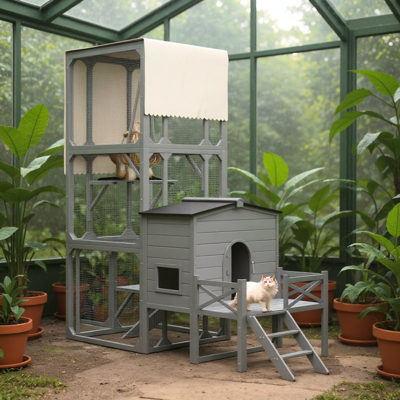 Très grand enclos extérieur pour chat avec bac à litière couvert, cage à chat en bois avec plateformes et toit résistant aux intempéries, gris