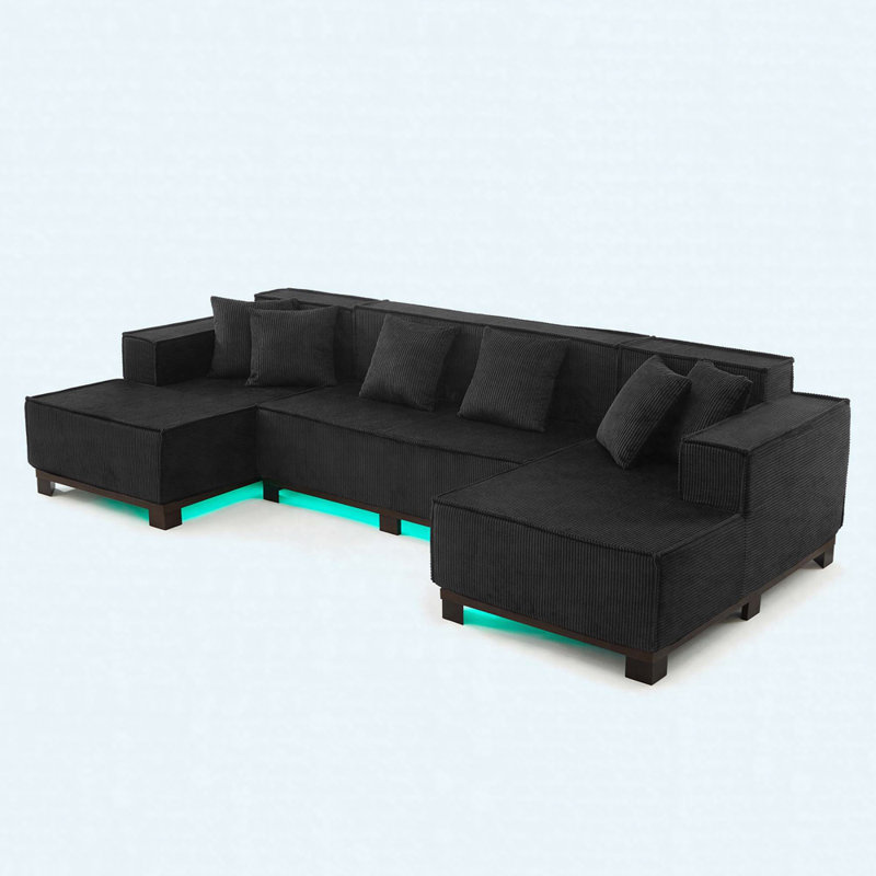 130" U-Shaped Sectional Sofa With RGB LED Lighting, Includes 6 Decorative Pillows, Black