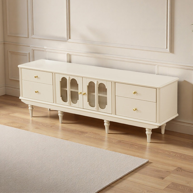 Meuble télé en bois massif de style français, H 24,4 po x L 70,86 po x l 15,75 po, Crème