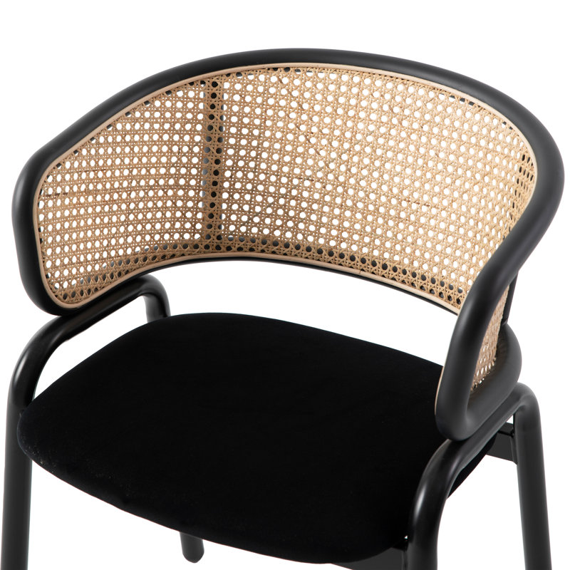 Daishun Dining Chair With Stainless Steel Legs Velvet Seat and Cane Back, Black