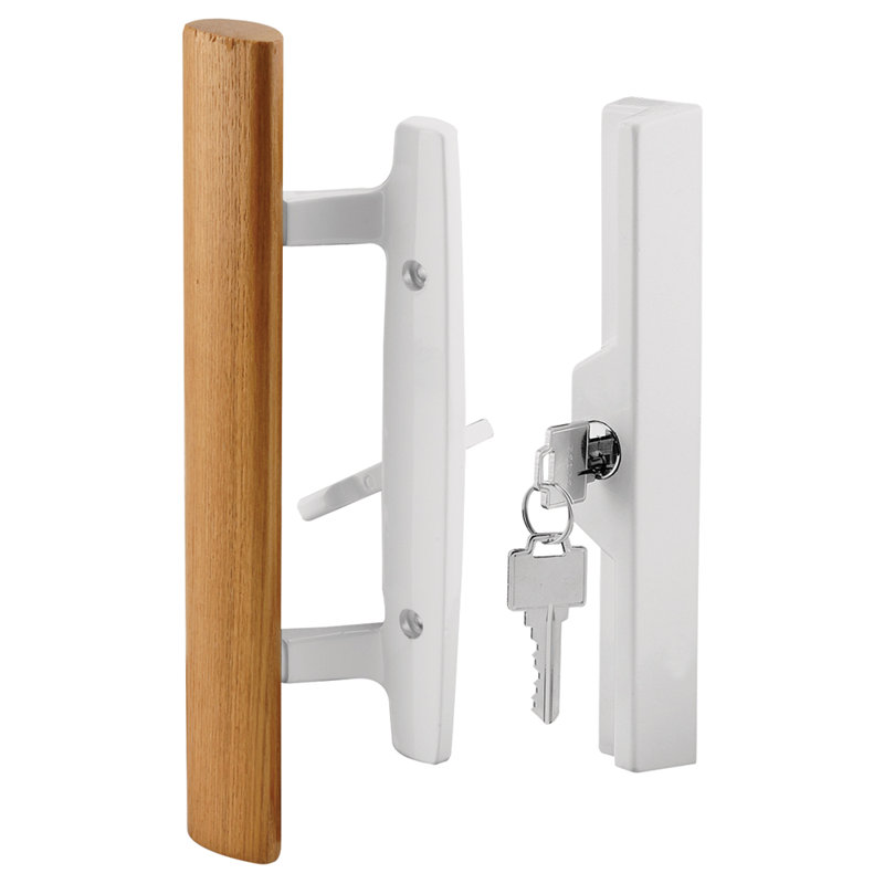 Patio Door Handle Set, 3-15/16 In., Diecast, Wood Pull, White, Mortise, Keyed (Single Pack)