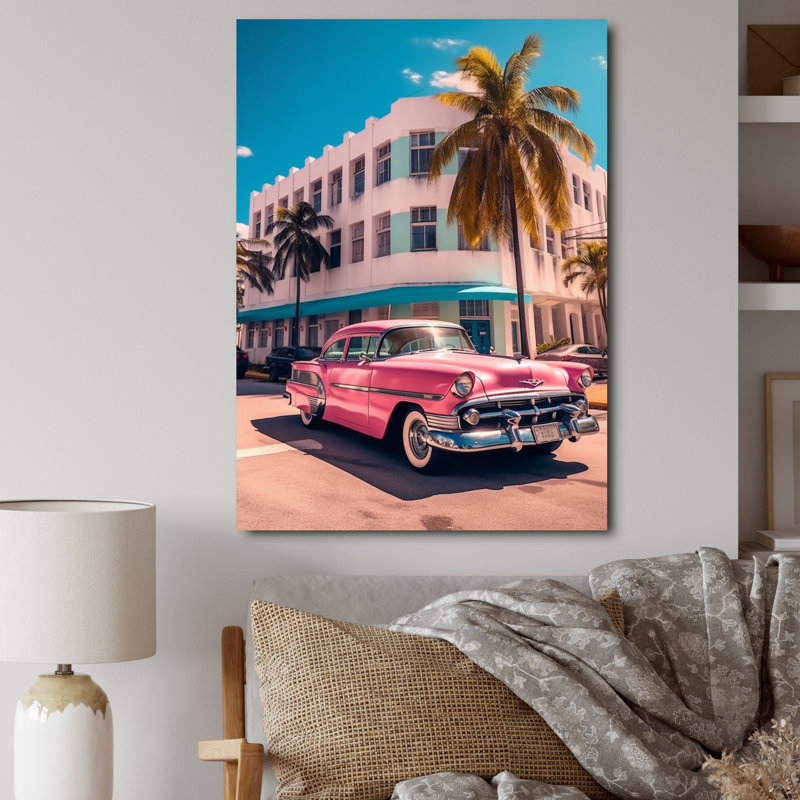 Miami Ocean Drive Pink Drive, reproduction d'art sur toile, H 32 po x l 24 po x P 1 po, Toile tendue