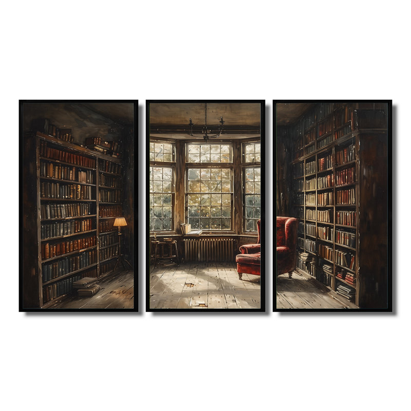 Brun brun beige, bibliothèque rétro, livres, ensemble d'art mural, Toile avec cadre flottant noir, H 28 po x l 36 po x P 1 po