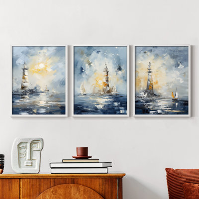 Série Sea and Shore Cxxvi - Ensemble de 3 estampes numériques encadrées - Prêt à être accroché