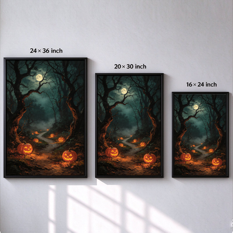 Citrouilles d'Halloween sous un arbre effrayant, tableau sur toile encadré, cadre noir, 61 x 91 cm, 36" H x 24" W, Noir