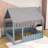 Wooden Floor Bed with Chimney Design, Enchanting Tent, Shelves and Lights-793288670-793288668