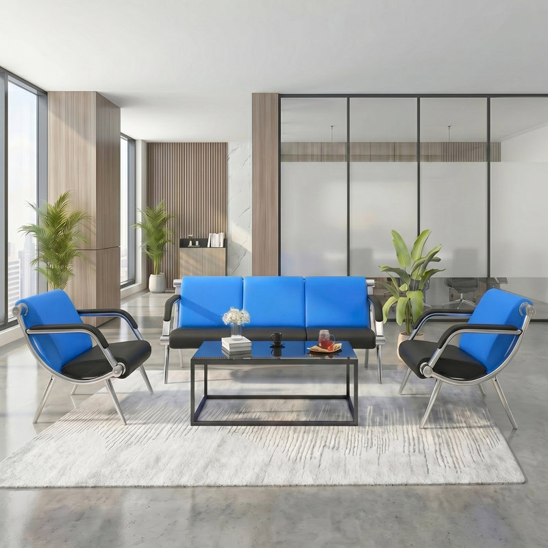 Ensemble de mobilier de salon moderne 3 pièces - Canapé 3 places en tissu bleu et noir + 2 fauteuils d'appoint avec structure en métal, pour la maison et le bureau
