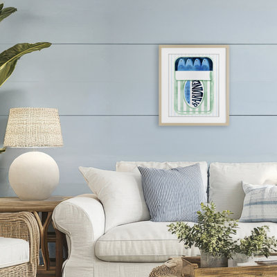 Canned Sardines on Stripes Framed Print Under Glass, design by Lil' Rue