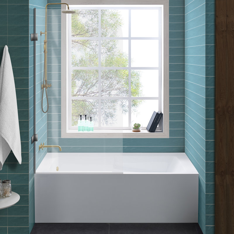 Baignoire d'angle Voltaire 54 x 30 avec jupe et bonde à droite, en blanc lustré et accoudoir intégré, Blanc, Droite